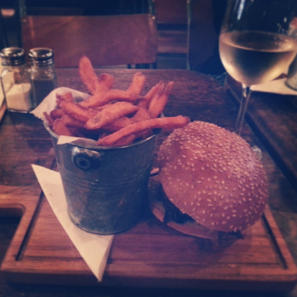 Pulled pork burger and sweet potato fries