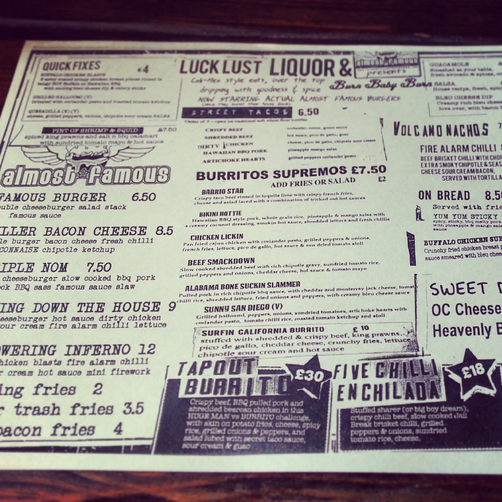 food menu luck lust liquor & burn