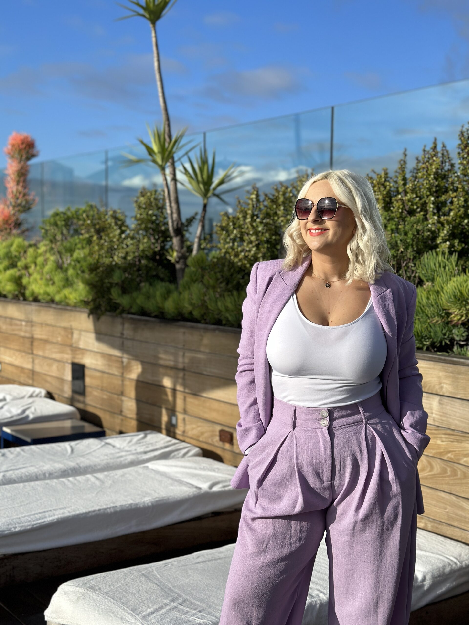 flourish with holly lifestyle style lilac suit in Beverly Hills, LA